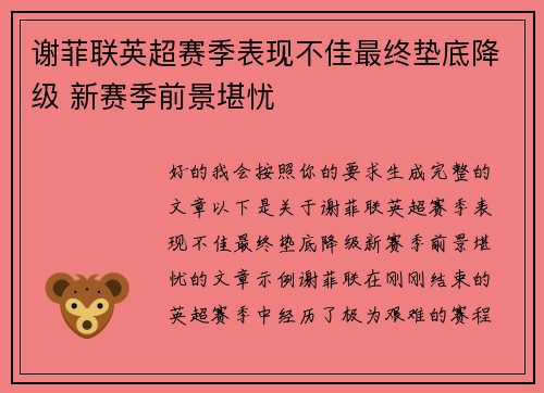 谢菲联英超赛季表现不佳最终垫底降级 新赛季前景堪忧 谢菲联英超赛季表现不佳最终垫底降级 新赛季前景堪忧
