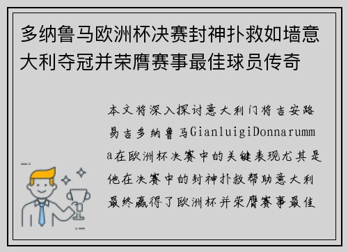 多纳鲁马欧洲杯决赛封神扑救如墙意大利夺冠并荣膺赛事最佳球员传奇